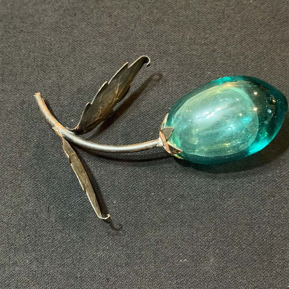 Murano Glass Aqua Lemon or Flower Bud Wrought Iron Stem Gorgeous MCM